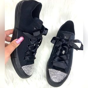 Womens size 6.5 Custom Swarovski wedding black bling converse
